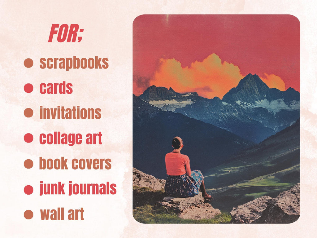 Mountain Muse Collage Paper, Whimsy Surreal Mountain Mixed Media Art Sheet, Whimsical Ephemera Images, Quirky Junk Journal, Scrapbook Paper