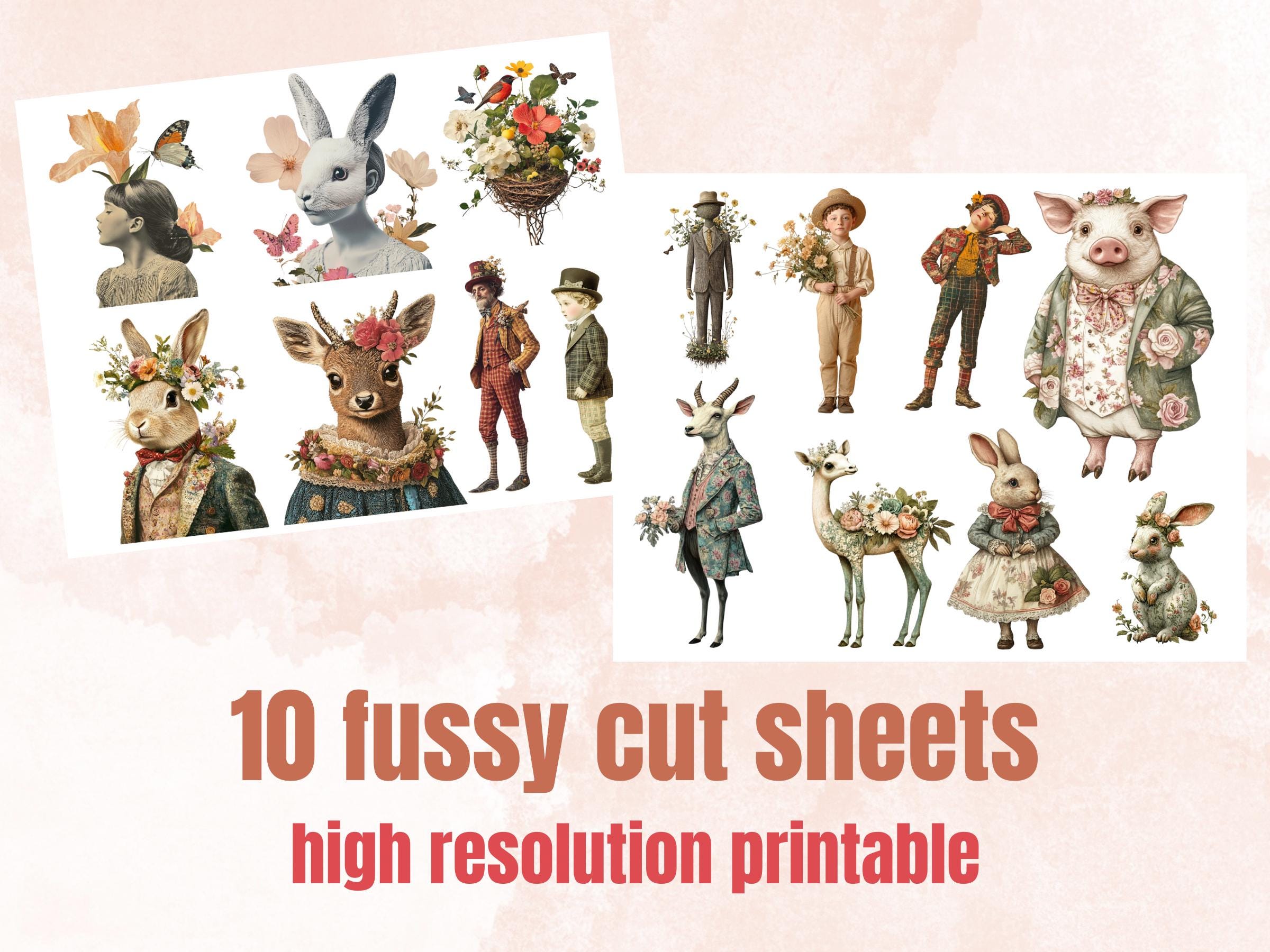 Whimsy Spring Collage Elements, Whimsical Surreal Spring Fussy Cut, Quirky Floral Blooming Clipart, Weird Junk Journal, Clipart Background