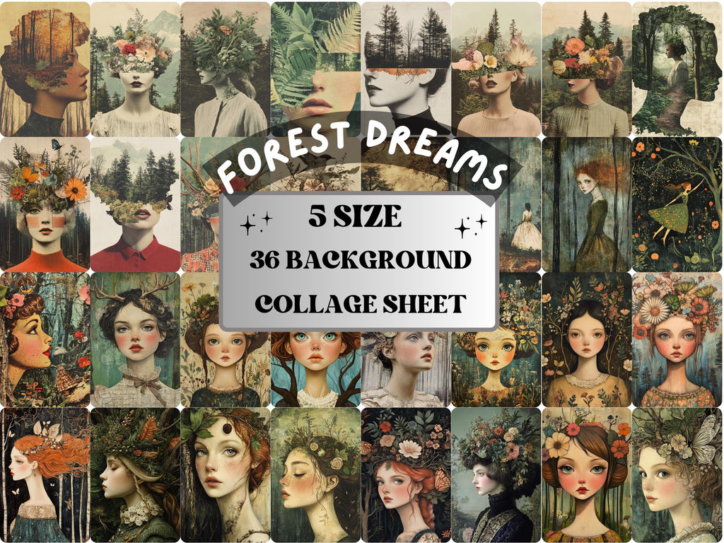 Whimsy Forest Dreams Collage Paper, Surreal Quirky Forest Mixed Media Sheet, Whimsical Ephemera Images, Quirky Junk Journal, Scrapbook Paper