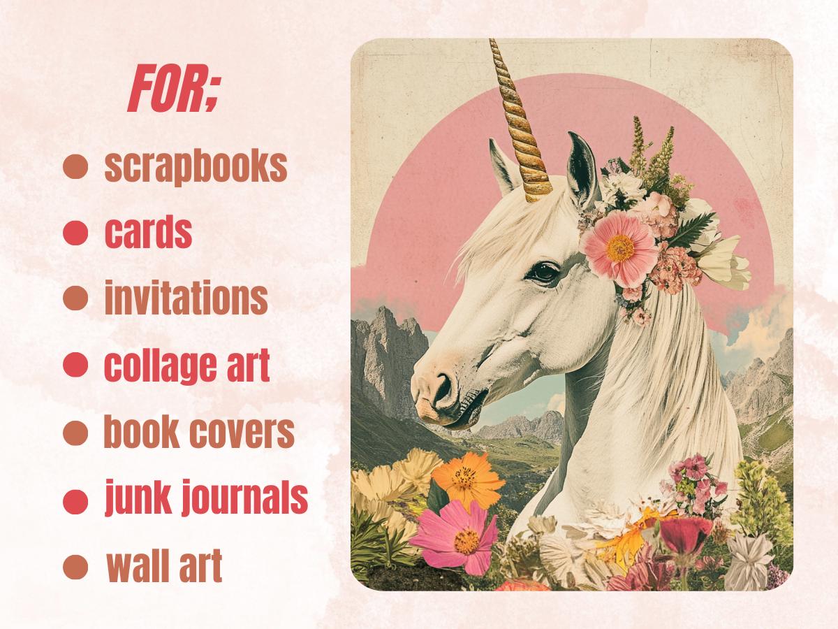 Unicorn Tales Collage Paper, Surreal Quirky Unicorn Mixed Media Sheet, Fairytale Ephemera Images, Quirky Junk Journal, Unicorn Scrapbook