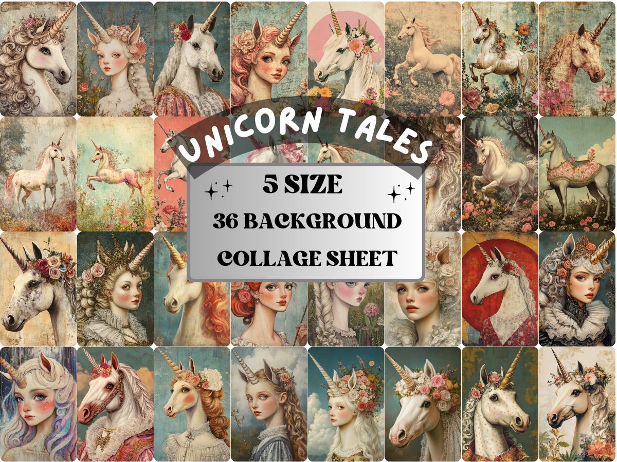Unicorn Tales Collage Paper, Surreal Quirky Unicorn Mixed Media Sheet, Fairytale Ephemera Images, Quirky Junk Journal, Unicorn Scrapbook