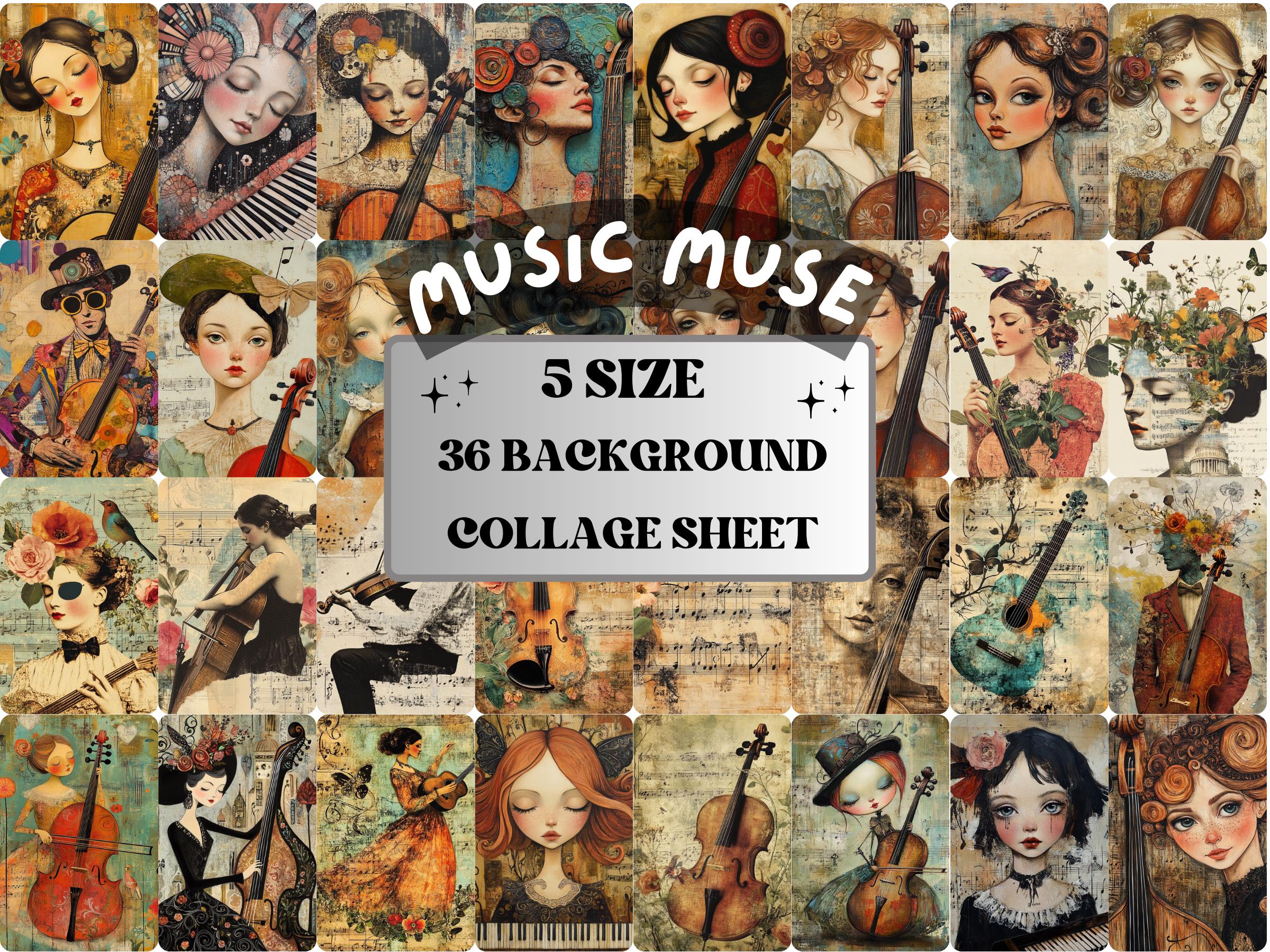 Music Muse Collage Paper, Surreal Music Mixed Media Sheet, Whimsy Ephemera Images, Quirky Junk Journal, Whimsical Scrapbook, CU, Digital Art