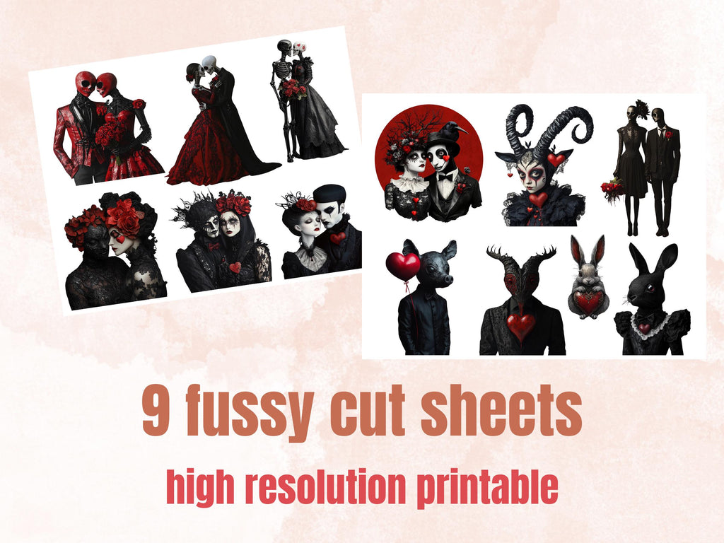Gothic Valentines Day Collage Elements Kit, Whimsical Love Fussy Cut, Quirky Whimsy People Clipart, Romantic Journal, Clipart Background Set