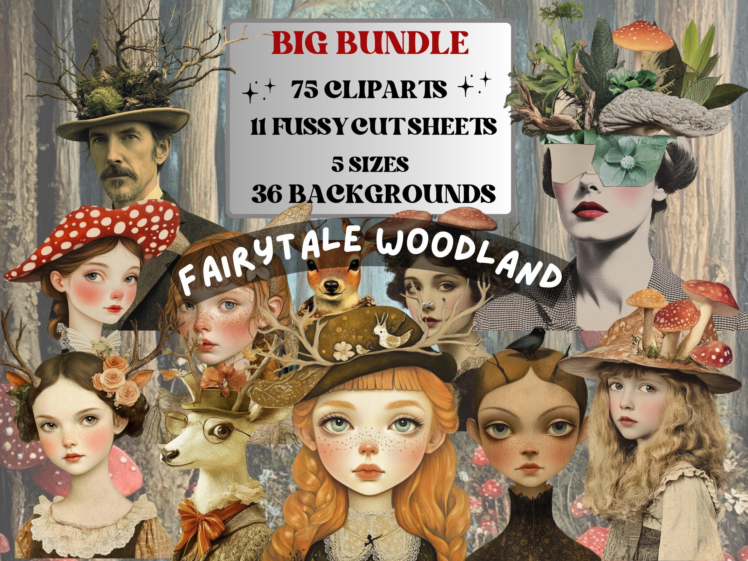Fairytale Woodland Collage Elements, Whimsical Surreal Forest Fussy Cut, Quirky Weird Fairy Clipart, Woodland Journal, Clipart Background