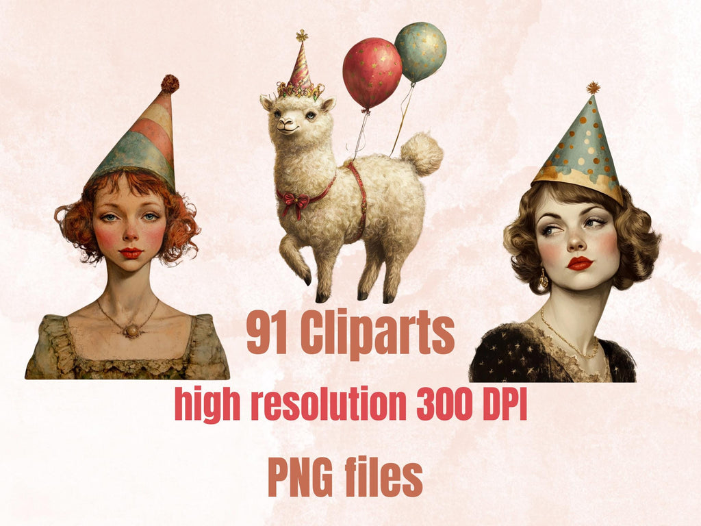 Whimsy Birthday Collage Elements, Whimsical Surreal Birthday Fussy Cut, Quirky Weird Girl Clipart, Party Junk Journal, Clipart Background