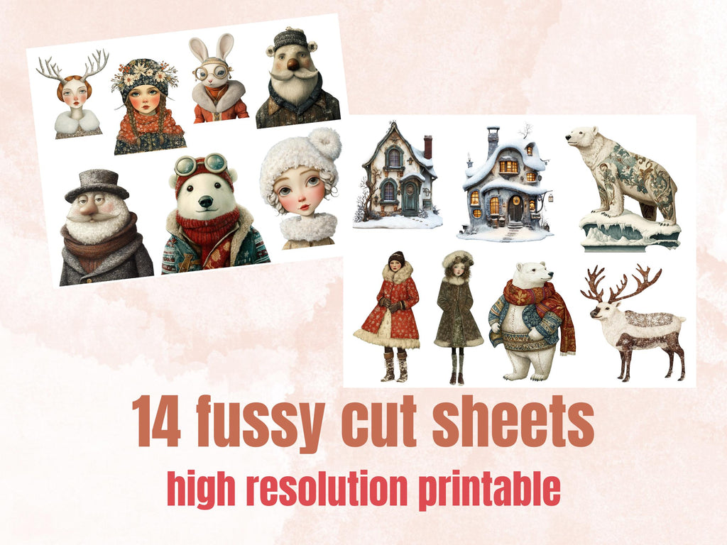 Whimsy Arctic Collage Elements, Whimsical Surreal Frozen Fussy Cut, Quirky Weird Snowy Clipart, Arctic Junk Journal, Clipart Background Kit