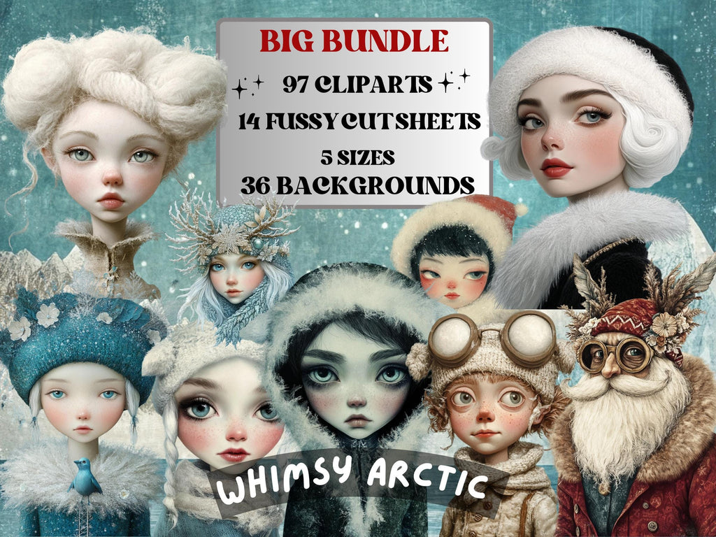 Whimsy Arctic Collage Elements, Whimsical Surreal Frozen Fussy Cut, Quirky Weird Snowy Clipart, Arctic Junk Journal, Clipart Background Kit