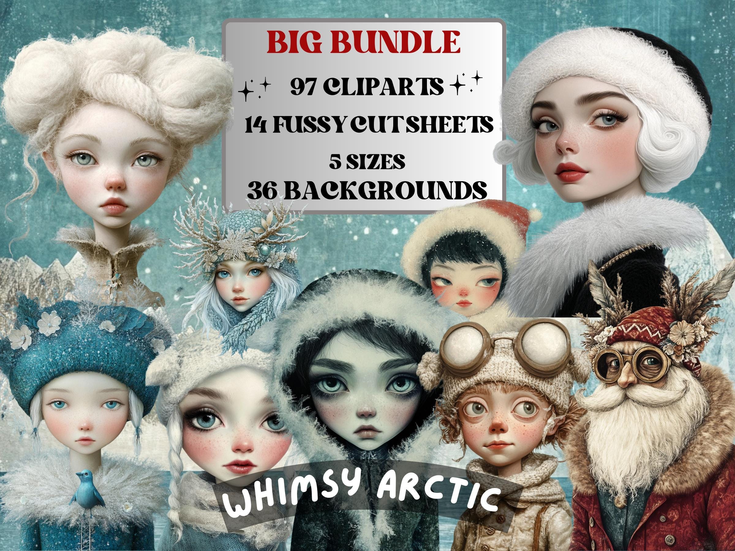 Whimsy Arctic Collage Elements, Whimsical Surreal Frozen Fussy Cut, Quirky Weird Snowy Clipart, Arctic Junk Journal, Clipart Background Kit