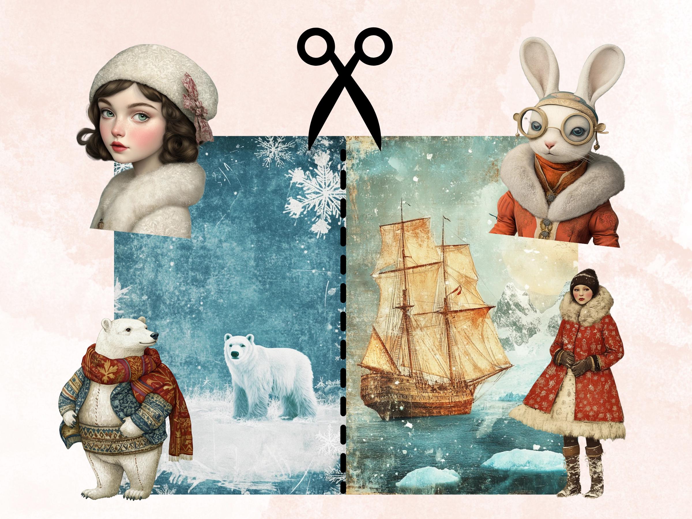 Whimsy Arctic Collage Elements, Whimsical Surreal Frozen Fussy Cut, Quirky Weird Snowy Clipart, Arctic Junk Journal, Clipart Background Kit