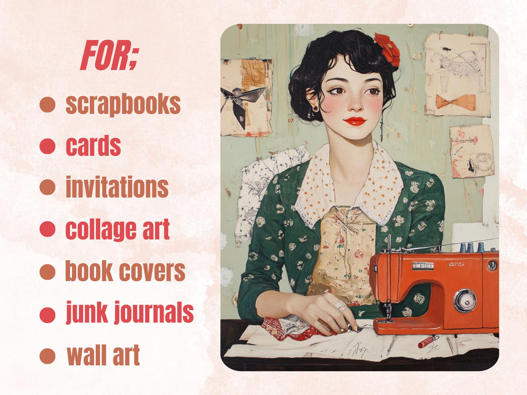 Sewing Secrets Collage Paper Kit, Surreal Sewing Mixed Media Sheet, Whimsical Retro Art Ephemera Images, CU, Printable Sheets, Scrapbooking