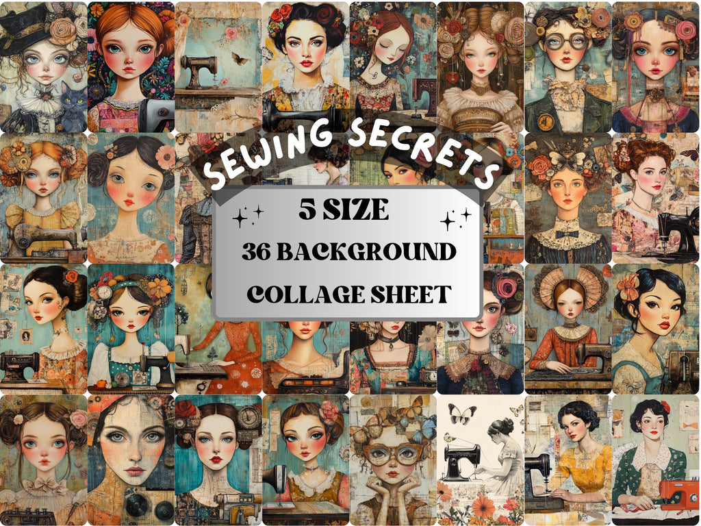Sewing Secrets Collage Paper Kit, Surreal Sewing Mixed Media Sheet, Whimsical Retro Art Ephemera Images, CU, Printable Sheets, Scrapbooking
