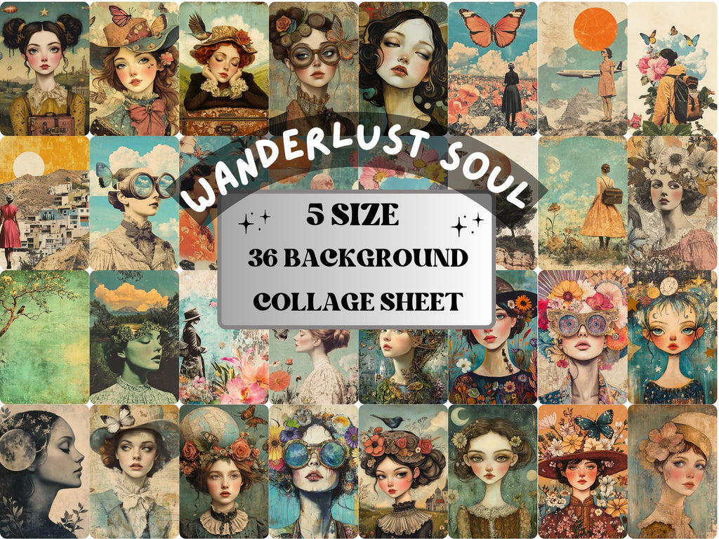 Wanderlust Soul Collage Paper Kit, Surreal Travel Mixed Media, Whimsical Free Spirit Ephemera Images, CU, Printable Sheets, Scrapbooking