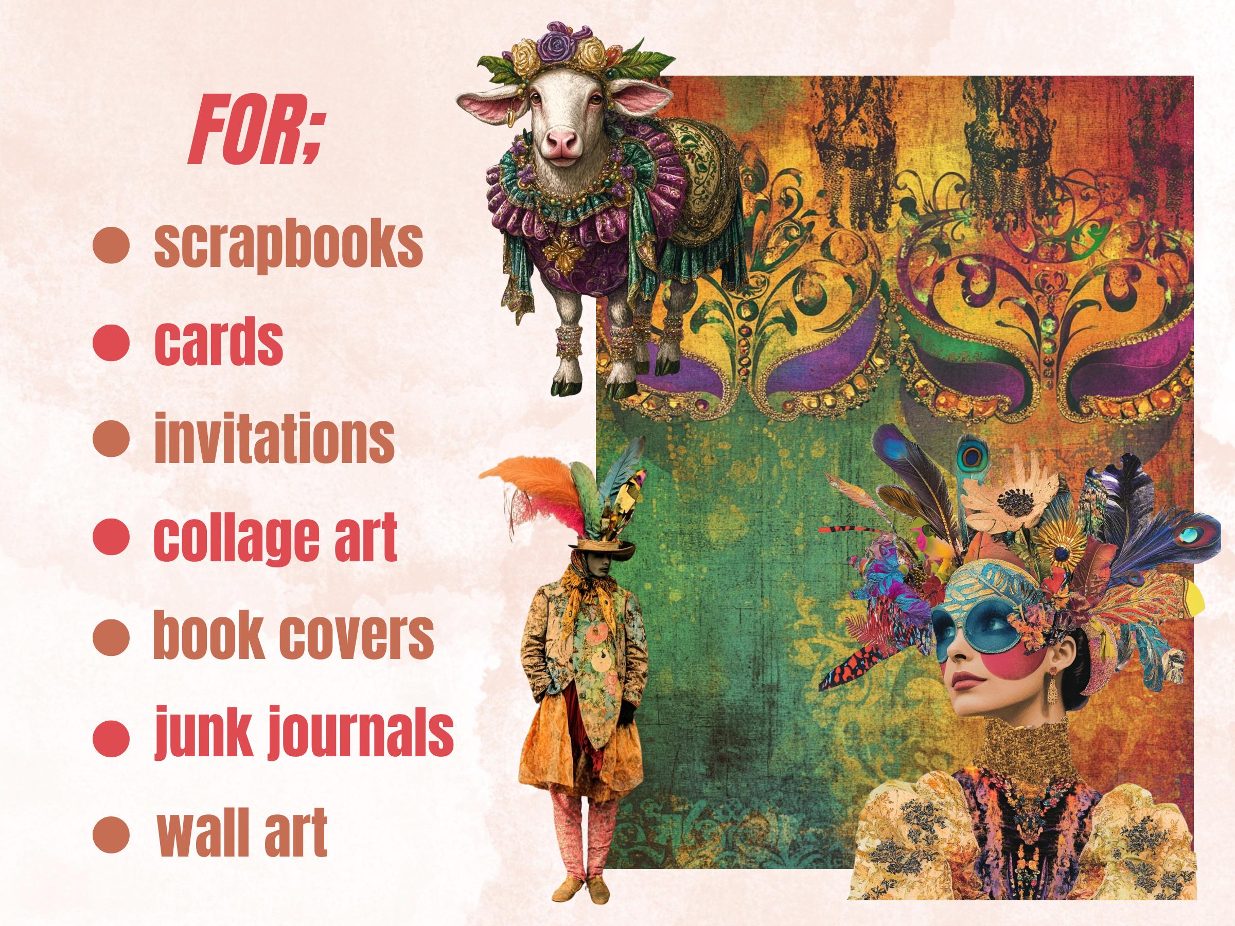 Whimsy Mardi Gras Collage Elements, Whimsical Surreal Masquerade Fussy Cut, Quirky Fleur De Lis Clipart, Junk Journal, Clipart Background