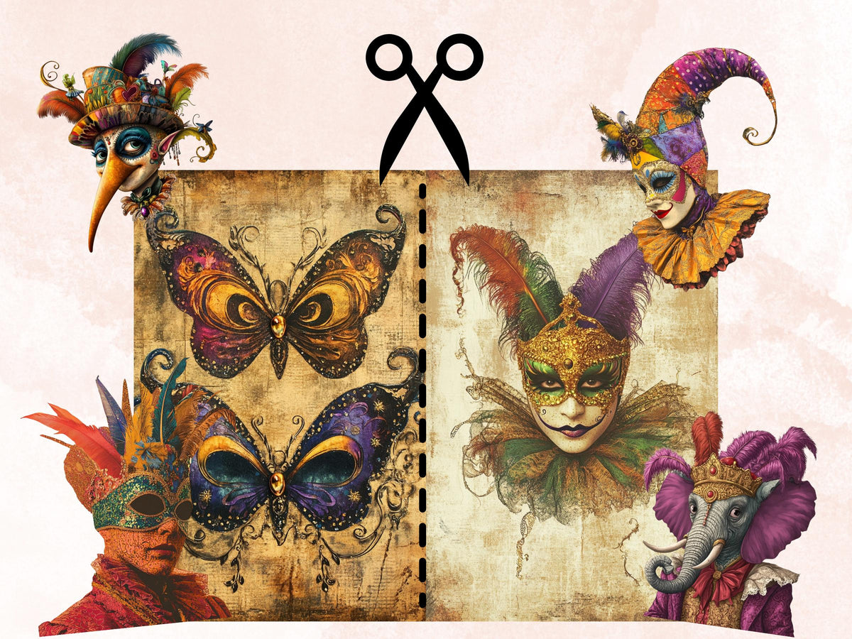Whimsy Mardi Gras Collage Elements, Whimsical Surreal Masquerade Fussy Cut, Quirky Fleur De Lis Clipart, Junk Journal, Clipart Background