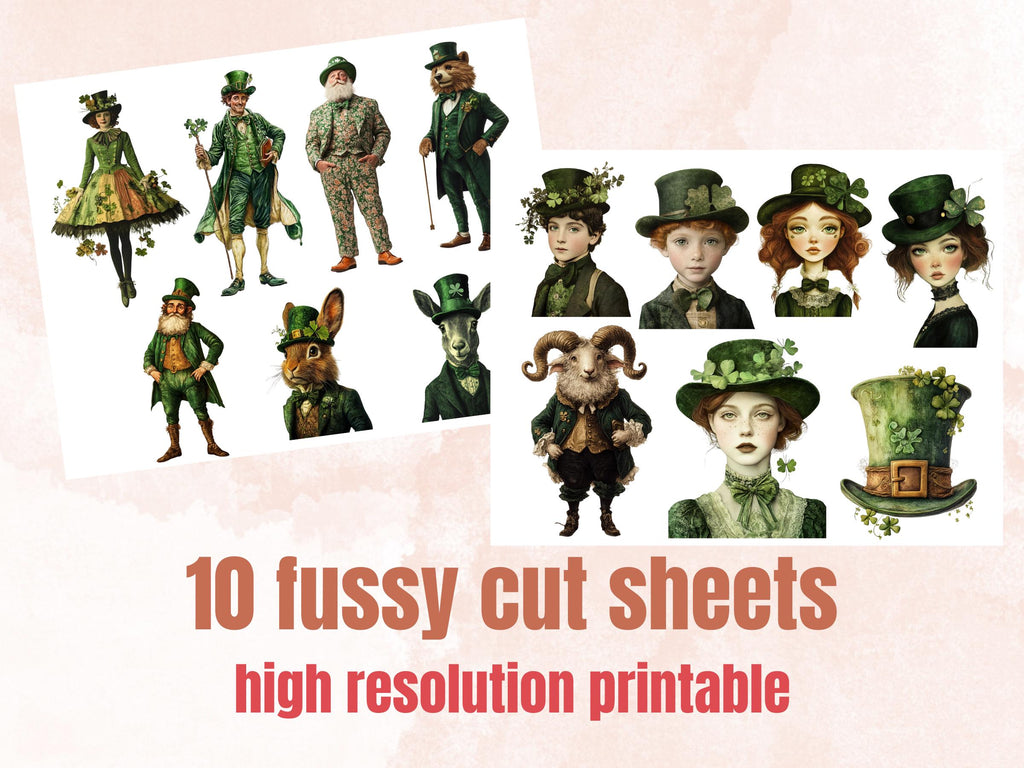 Whimsy St. Patrick's Day Collage Elements, Surreal Saint Patrick Fussy Cut, Clover Shamrocks Clipart, Irish Junk Journal, Clipart Background
