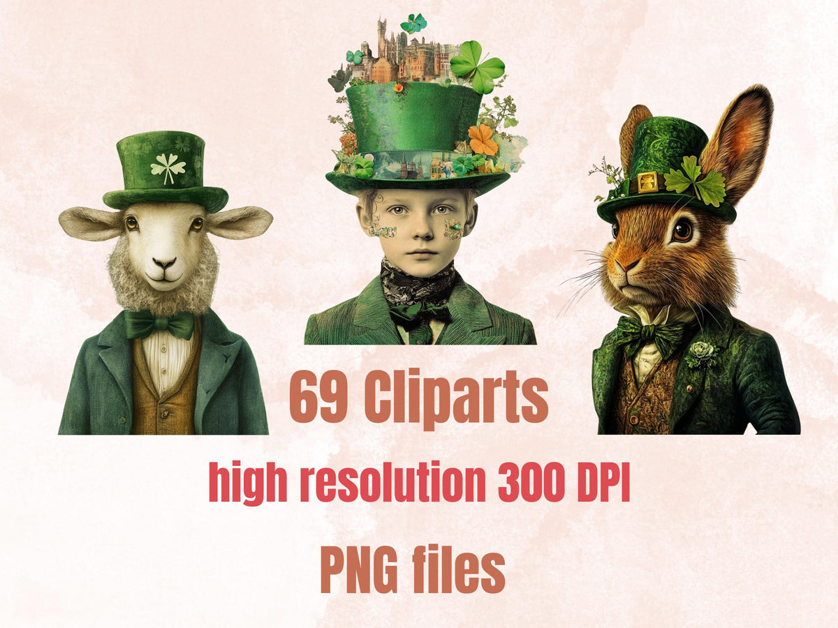 Whimsy St. Patrick's Day Collage Elements, Surreal Saint Patrick Fussy Cut, Clover Shamrocks Clipart, Irish Junk Journal, Clipart Background