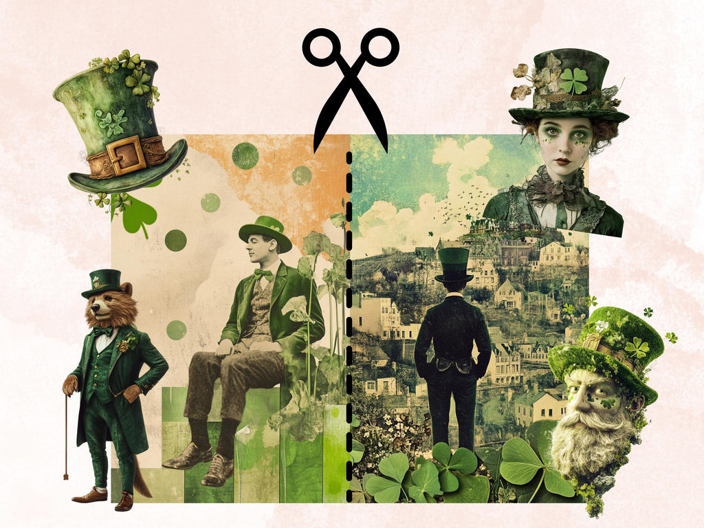 Whimsy St. Patrick's Day Collage Elements, Surreal Saint Patrick Fussy Cut, Clover Shamrocks Clipart, Irish Junk Journal, Clipart Background