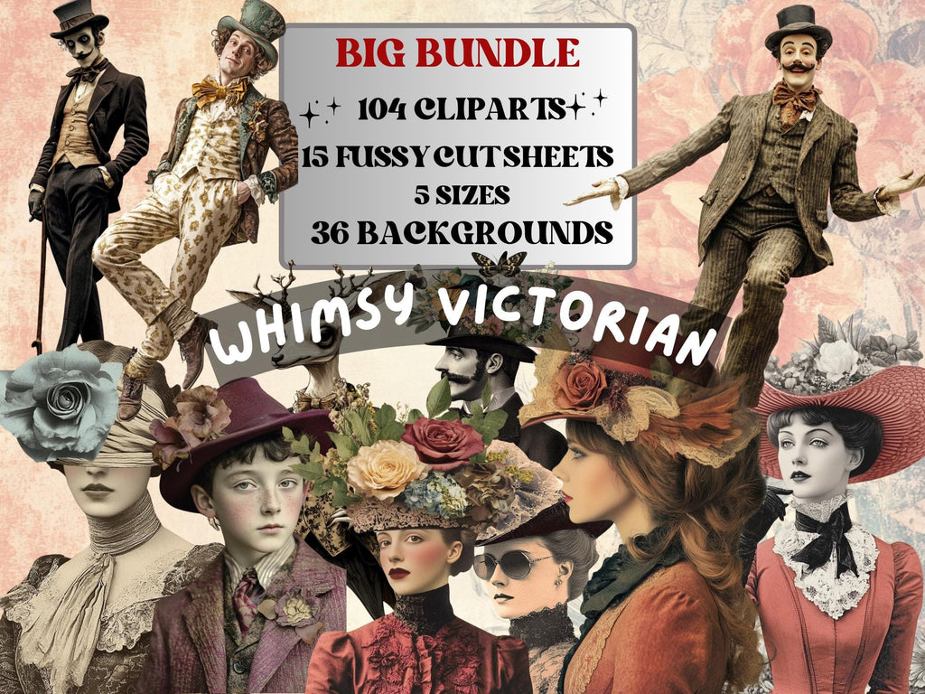 Whimsy Victorian Collage Elements, Surreal Modern Victorian Fussy Cut, Quirky Woman Clipart, Whimsical Junk Journal, Mixed Media Art Sheet