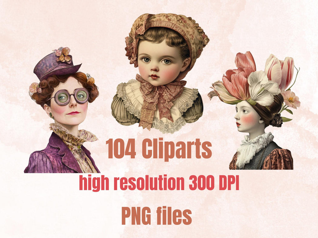 Whimsy Victorian Collage Elements, Surreal Modern Victorian Fussy Cut, Quirky Woman Clipart, Whimsical Junk Journal, Mixed Media Art Sheet