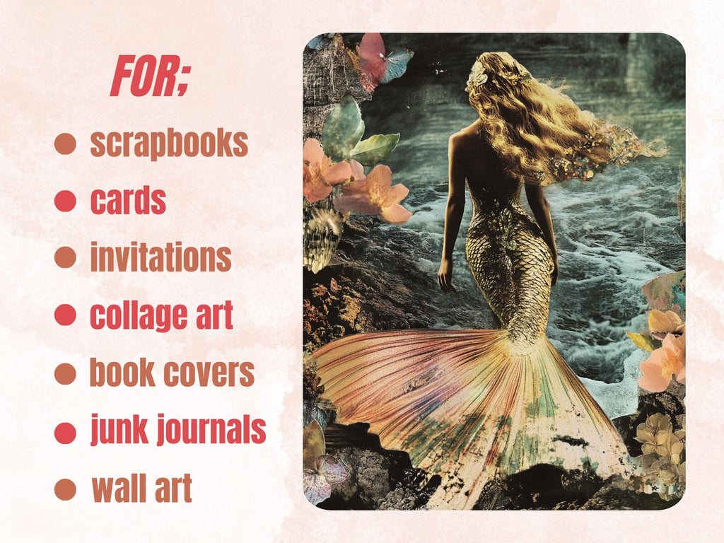 Whimsy Mermaid Collage Paper Kit, Surreal Underwater Mixed Media Sheet, Whimsical Mermaid Ephemera, Under the Sea Quirky Journal, Scrapbook