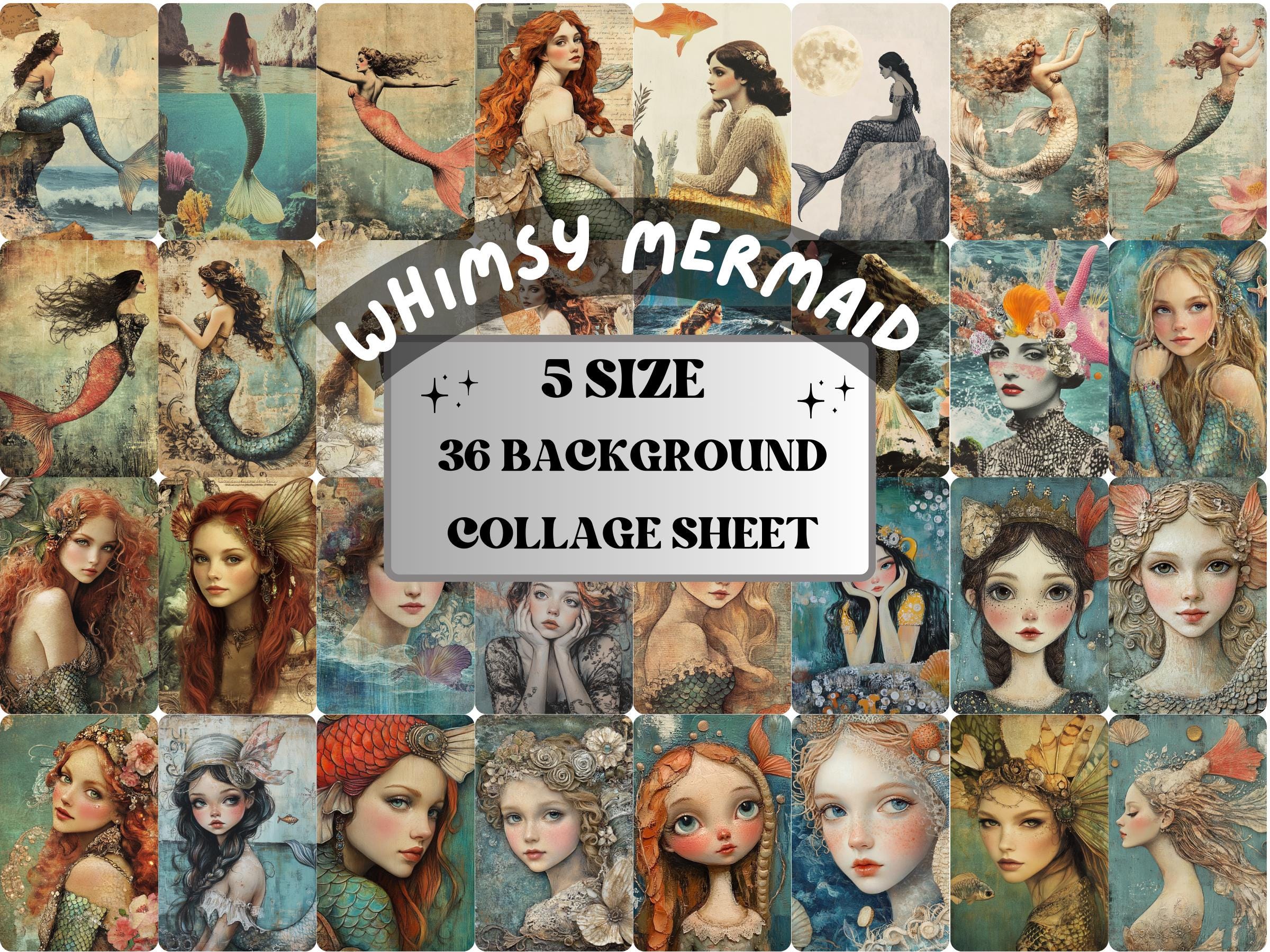 Whimsy Mermaid Collage Paper Kit, Surreal Underwater Mixed Media Sheet, Whimsical Mermaid Ephemera, Under the Sea Quirky Journal, Scrapbook