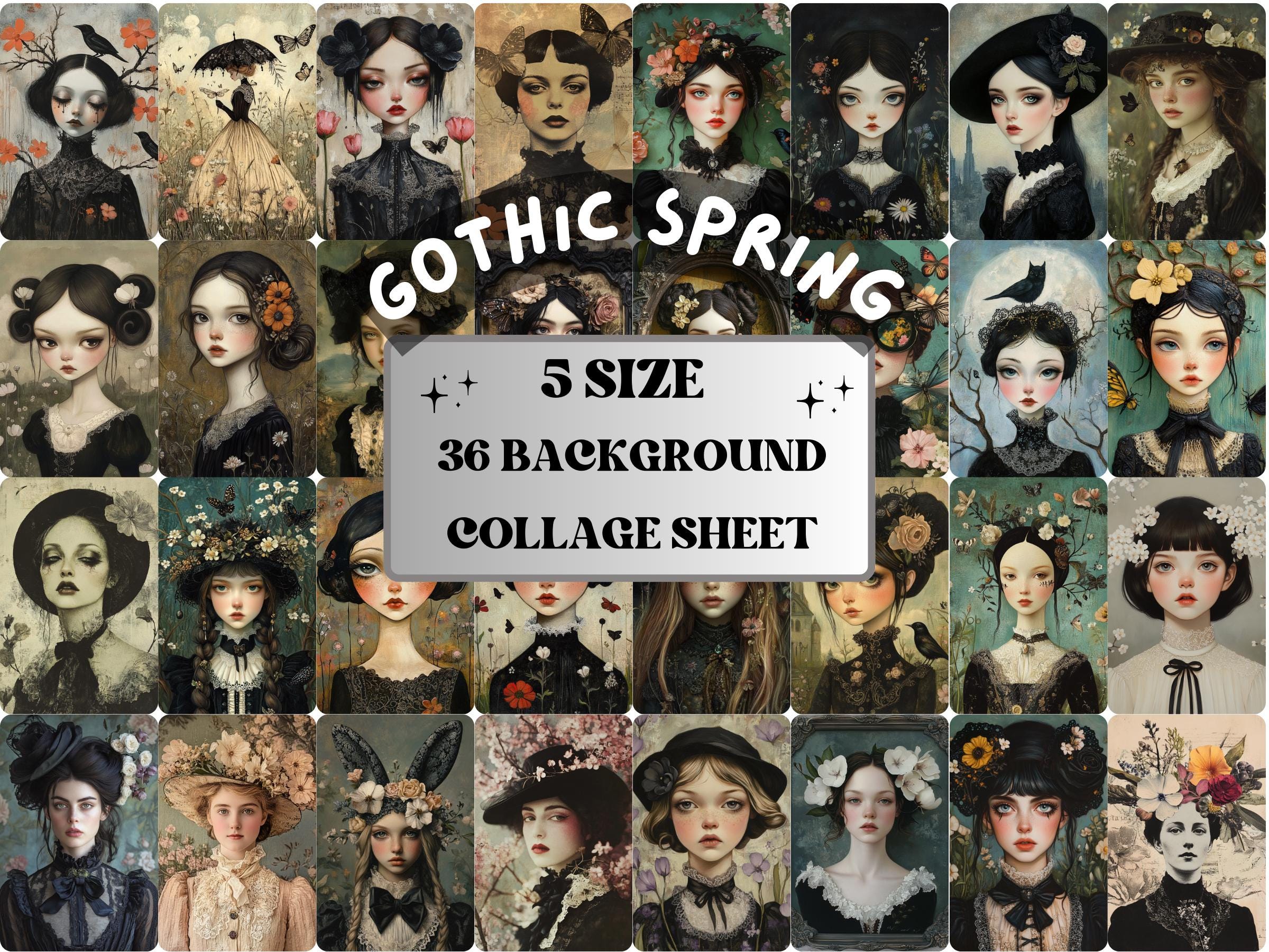 Gothic Spring Blooming Collage Paper, Surreal Floral Mixed Media Sheet, Whimsical Ephemera Images, Quirky Journal, Spring Scrapbook Paper