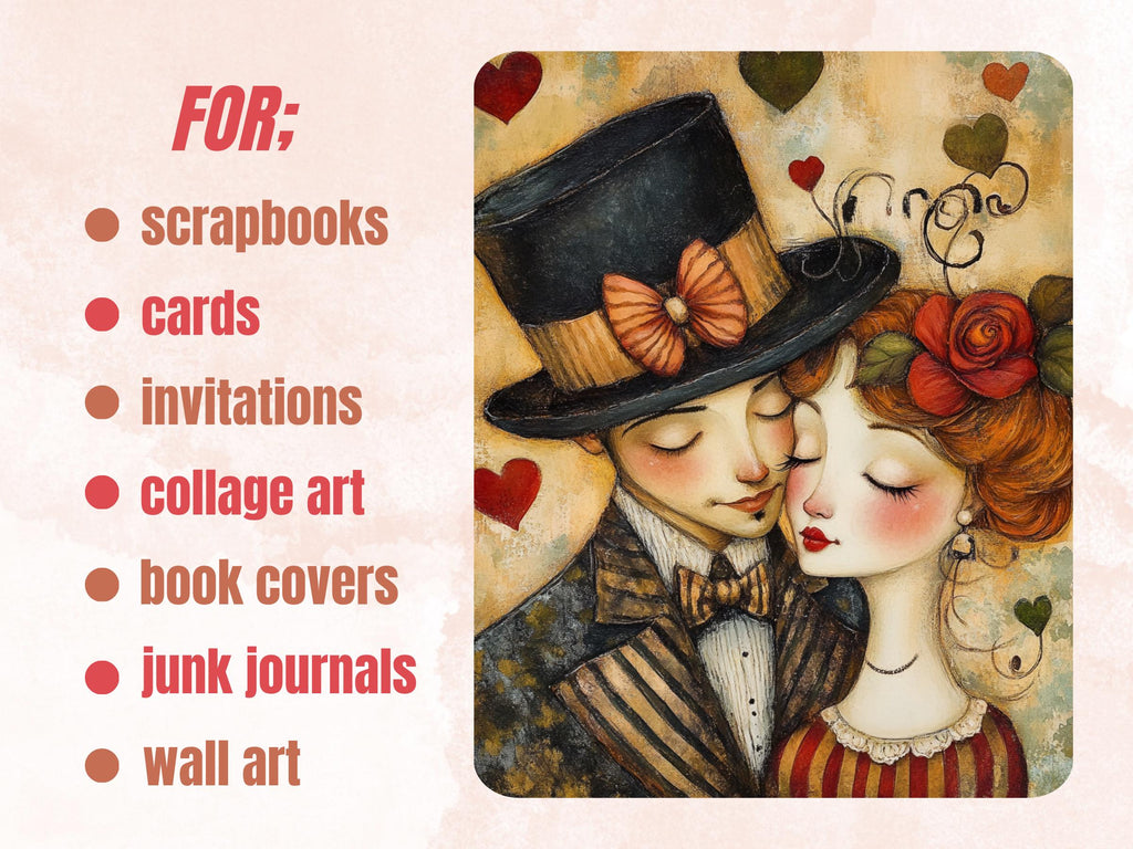 Romantic Love Collage Paper Kit, Valentines Day Mixed Media, Whimsical Couple Love Ephemera Images, Surreal Junk Journal, Scrapbook Paper