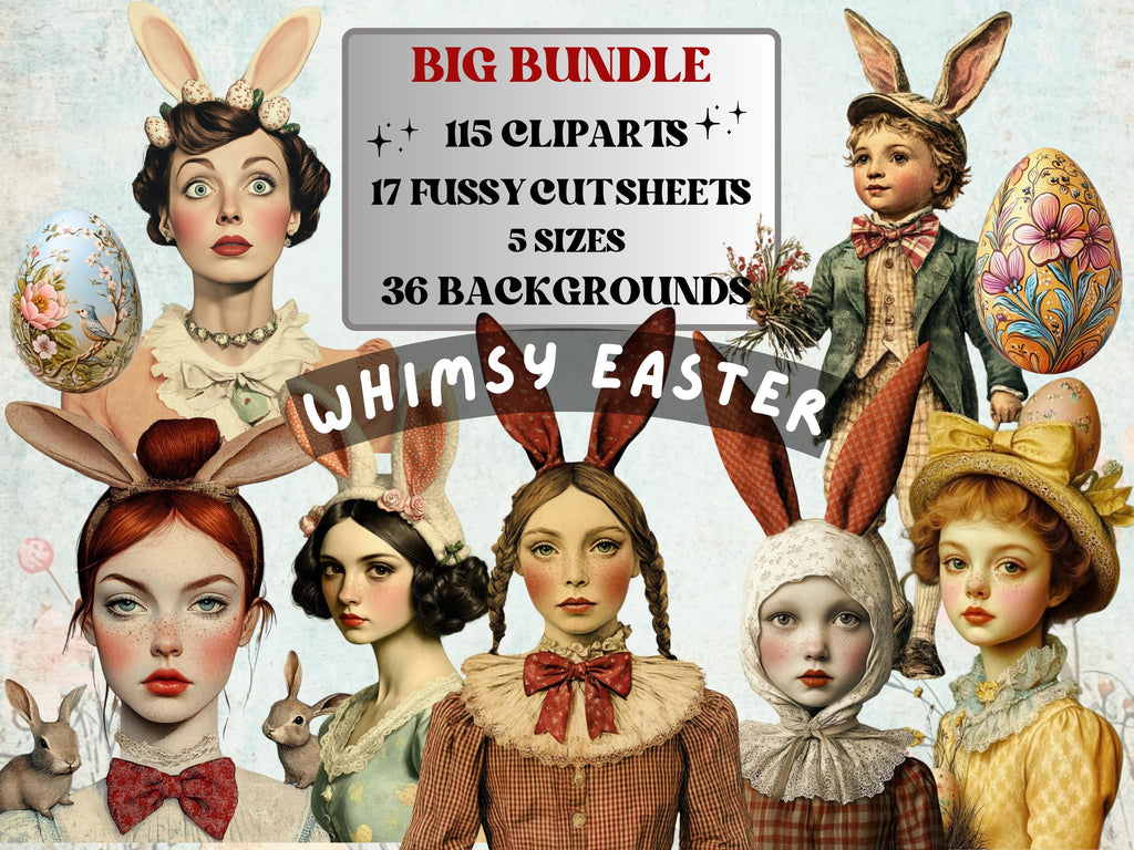Whimsy Easter Collage Elements, Whimsical Surreal Easter Fussy Cut, Quirky Floral Spring Clipart, Weird Junk Journal, Clipart Background