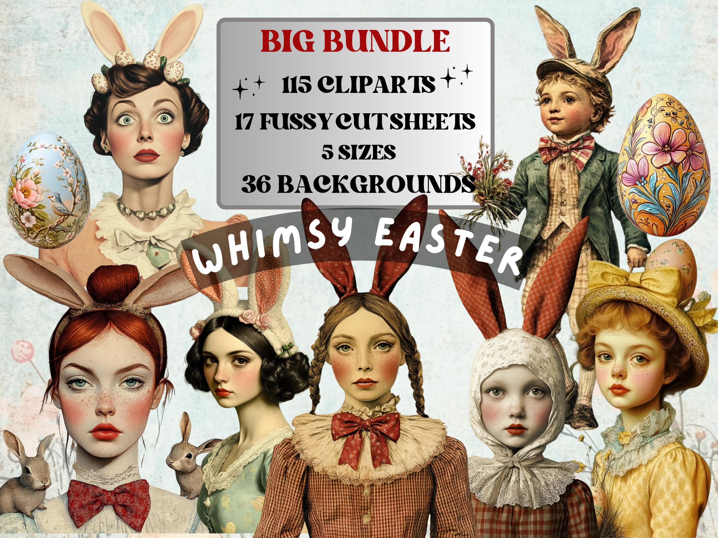 Whimsy Easter Collage Elements, Whimsical Surreal Easter Fussy Cut, Quirky Floral Spring Clipart, Weird Junk Journal, Clipart Background