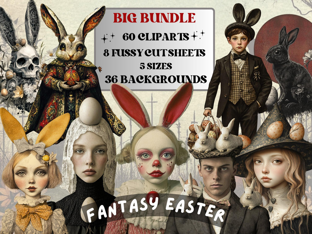 Fantasy Easter Collage Elements, Whimsical Surreal Easter Fussy Cut, Quirky Gothic Spring Clipart, Weird Junk Journal, Clipart Background