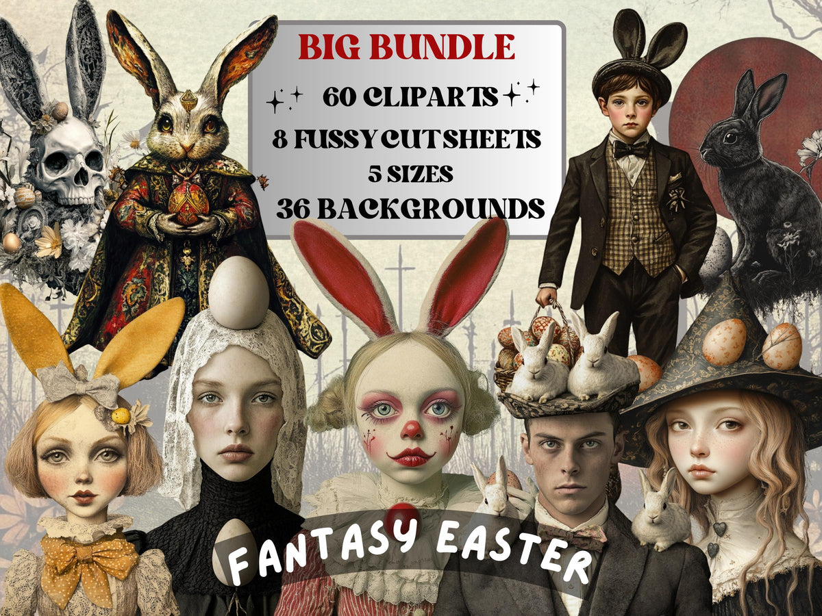 Fantasy Easter Collage Elements, Whimsical Surreal Easter Fussy Cut, Quirky Gothic Spring Clipart, Weird Junk Journal, Clipart Background