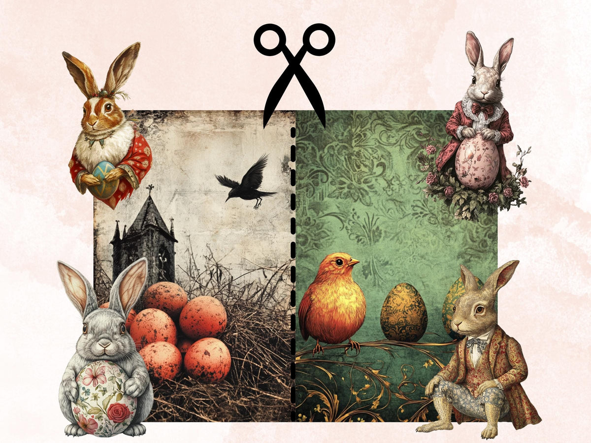 Fantasy Easter Collage Elements, Whimsical Surreal Easter Fussy Cut, Quirky Gothic Spring Clipart, Weird Junk Journal, Clipart Background
