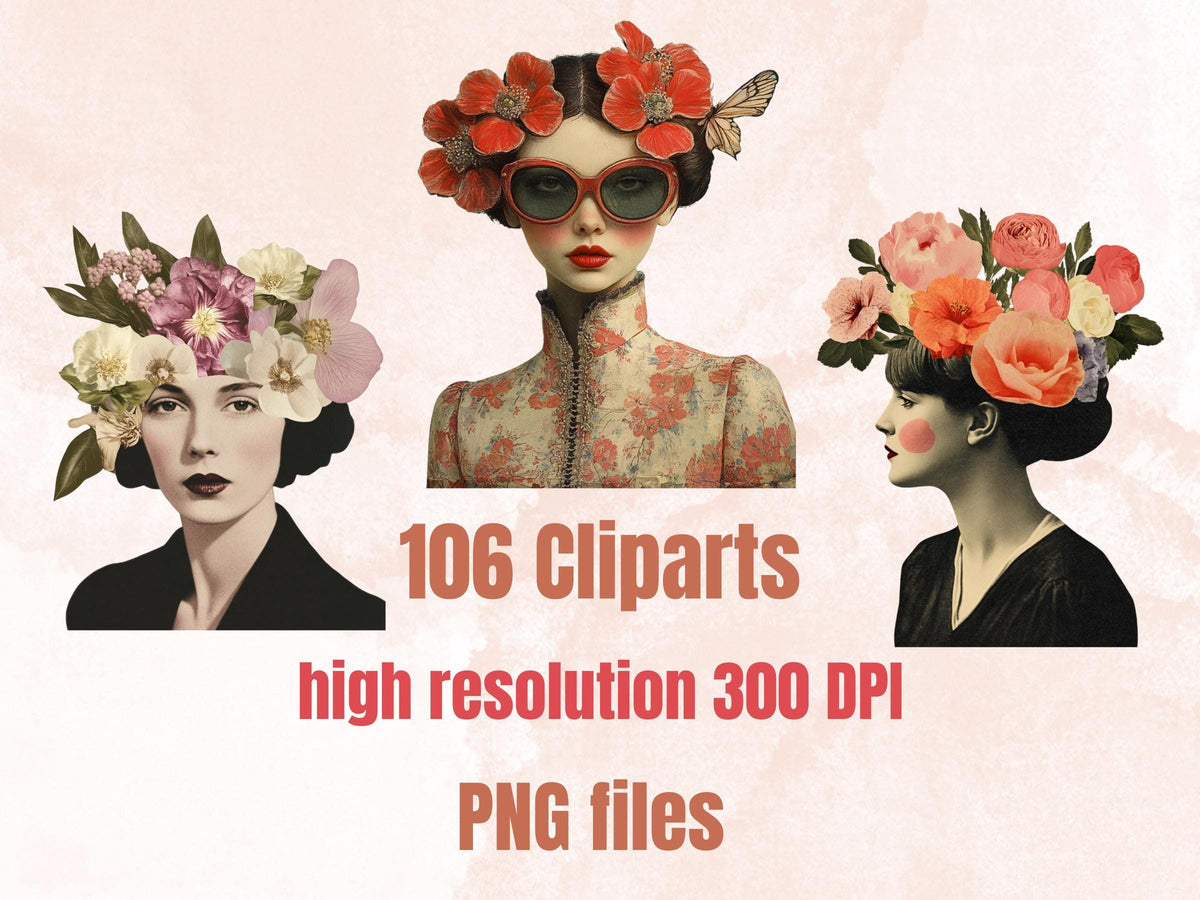 Whimsy Women's Day Collage Elements, Whimsical 8 March Fussy Cut, Quirky Surreal Woman Clipart, Floral Junk Journal, Clipart Background