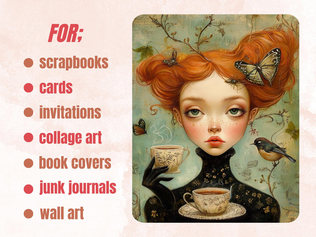 Whimsy Tea Party Collage Paper, Surreal Tea Time Mixed Media Art Sheet, Whimsical Ephemera Images, Quirky Tea Junk Journal, Scrapbook Paper