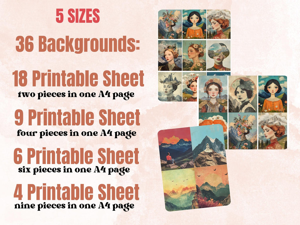 Mountain Muse Collage Paper, Whimsy Surreal Mountain Mixed Media Art Sheet, Whimsical Ephemera Images, Quirky Junk Journal, Scrapbook Paper