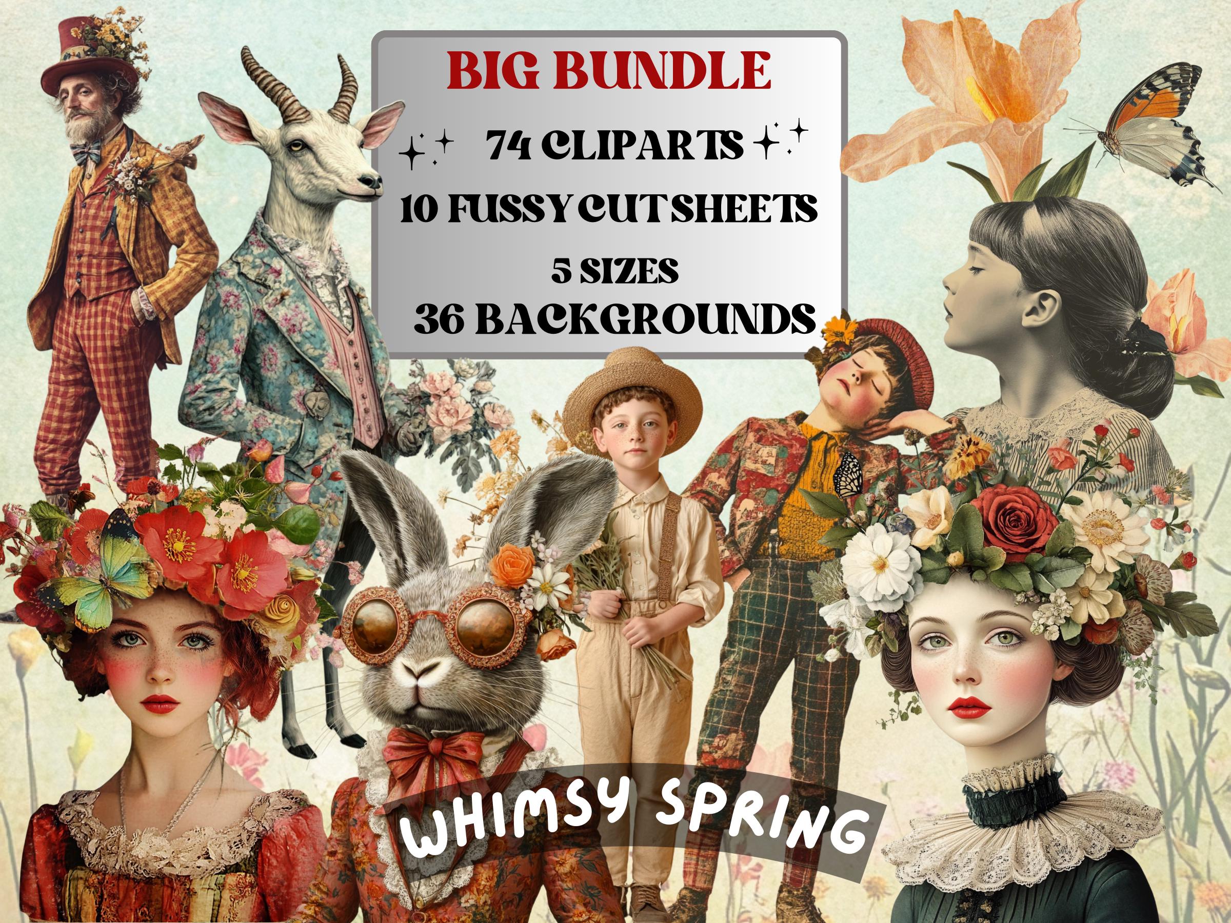 Whimsy Spring Collage Elements, Whimsical Surreal Spring Fussy Cut, Quirky Floral Blooming Clipart, Weird Junk Journal, Clipart Background