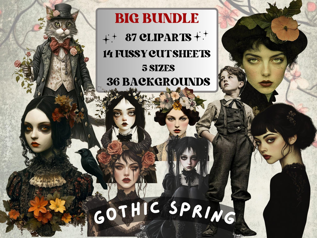 Gothic Spring Collage Elements, Whimsical Surreal Spring Fussy Cut, Dark Fantasy Floral Clipart, Weird Junk Journal, Clipart Background