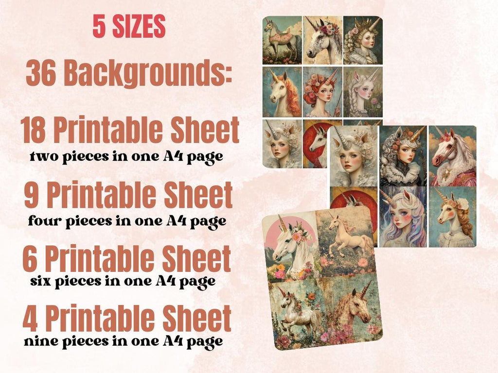 Unicorn Tales Collage Paper, Surreal Quirky Unicorn Mixed Media Sheet, Fairytale Ephemera Images, Quirky Junk Journal, Unicorn Scrapbook