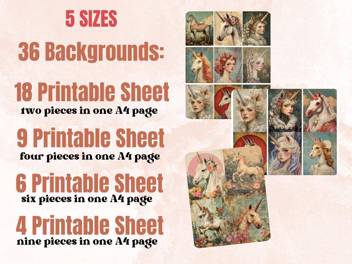 Unicorn Tales Collage Paper, Surreal Quirky Unicorn Mixed Media Sheet, Fairytale Ephemera Images, Quirky Junk Journal, Unicorn Scrapbook