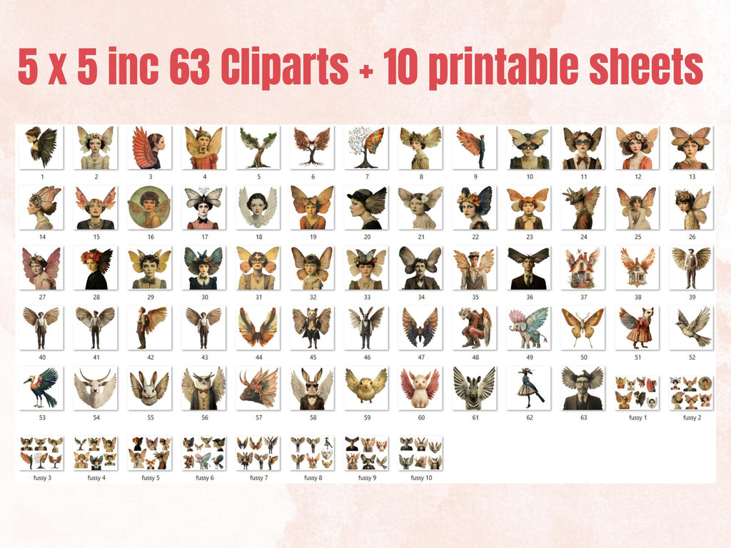 Whimsy Wings Collage Elements, Whimsical Surreal Birds Fussy Cut, Quirky Weird Clipart, Fairy Junk Journal, Wings Clipart Background