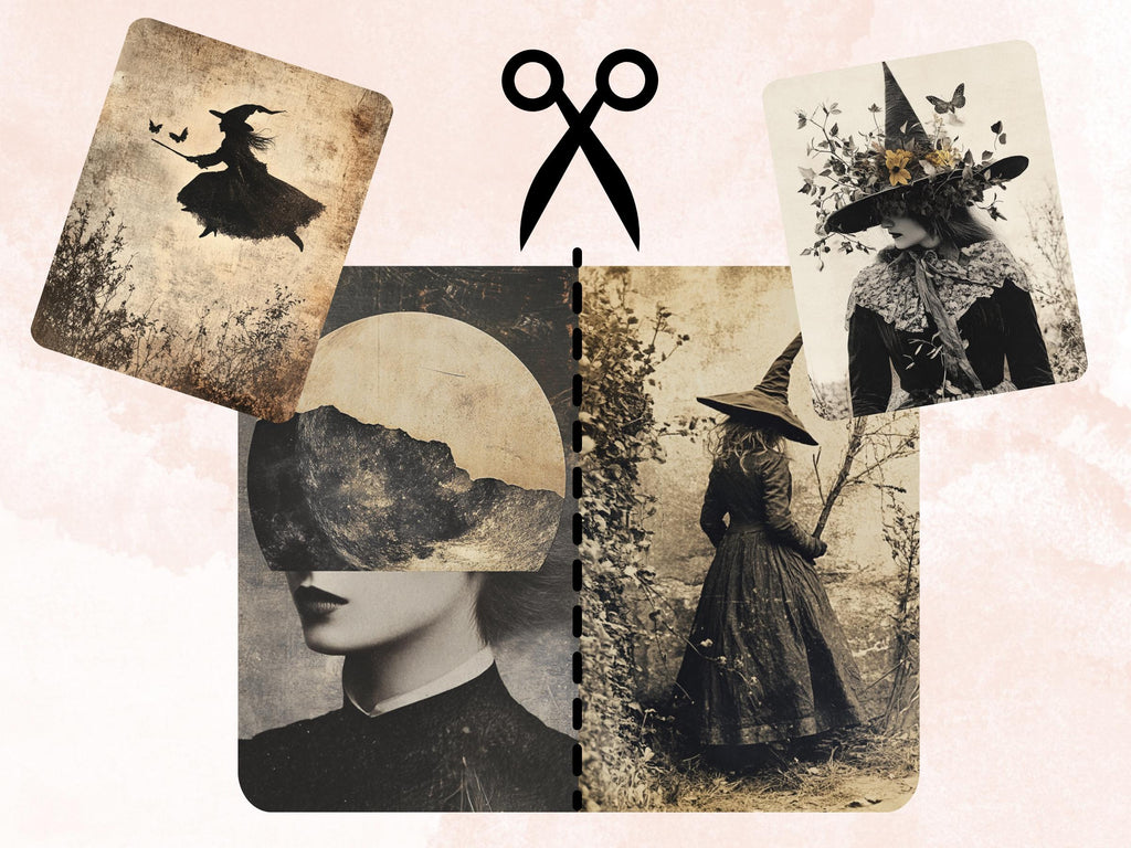 Whimsy Witch Photography Paper, Surreal Witch Mixed Media Sheet, Whimsical Witch Ephemera Images, Vintage Quirky Journal, Scrapbook Paper