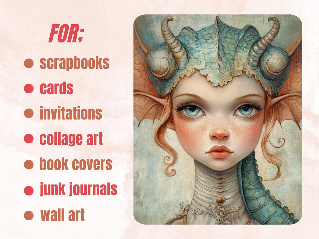 Dragon Tales Collage Paper, Surreal Quirky Dragon Mixed Media Sheet, Fantasy Ephemera Images, Quirky Junk Journal, Dragon Girl Scrapbook