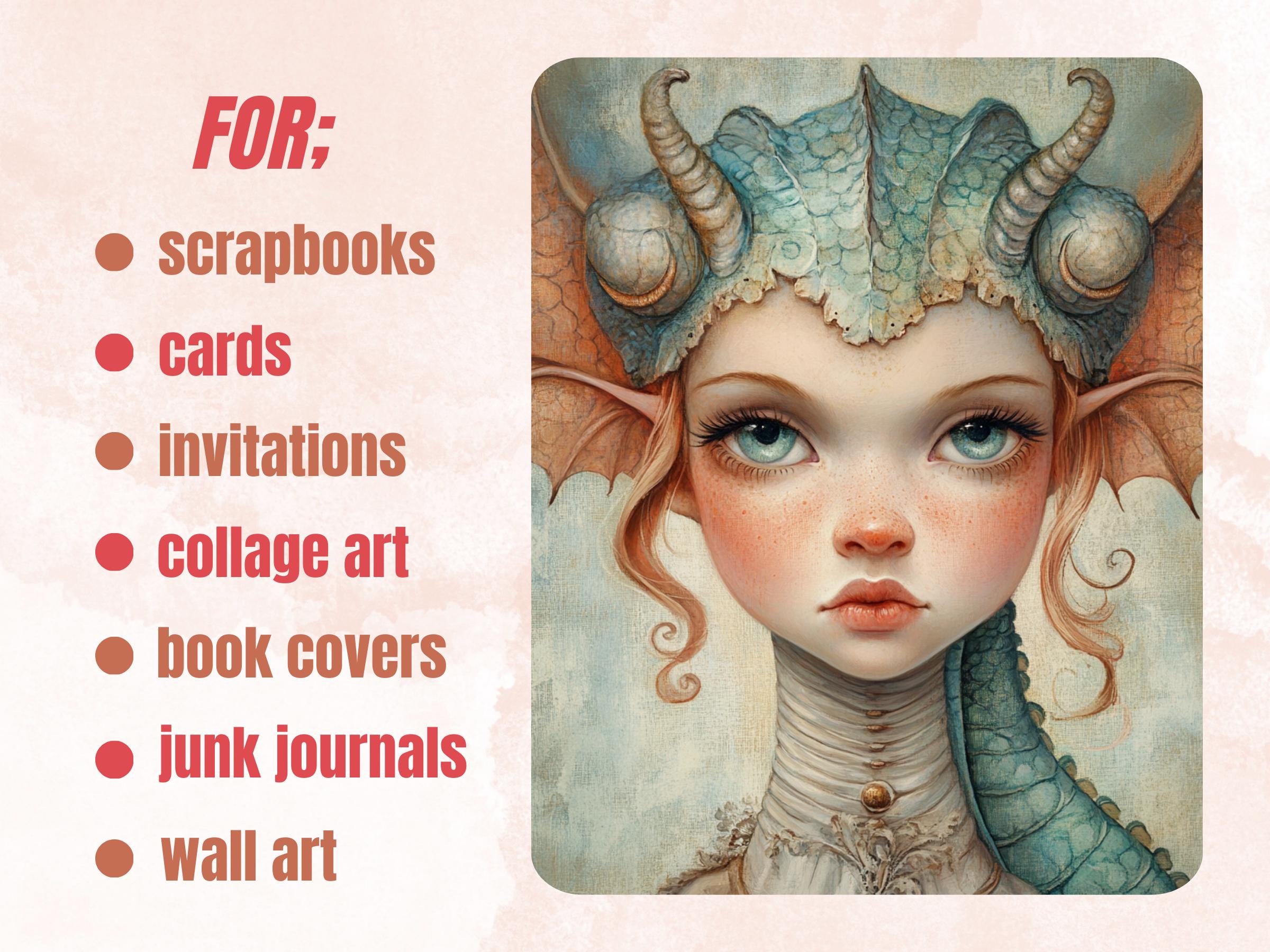 Dragon Tales Collage Paper, Surreal Quirky Dragon Mixed Media Sheet, Fantasy Ephemera Images, Quirky Junk Journal, Dragon Girl Scrapbook