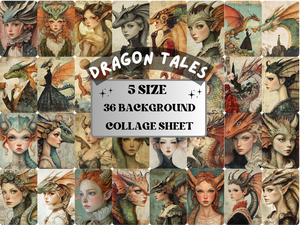 Dragon Tales Collage Paper, Surreal Quirky Dragon Mixed Media Sheet, Fantasy Ephemera Images, Quirky Junk Journal, Dragon Girl Scrapbook