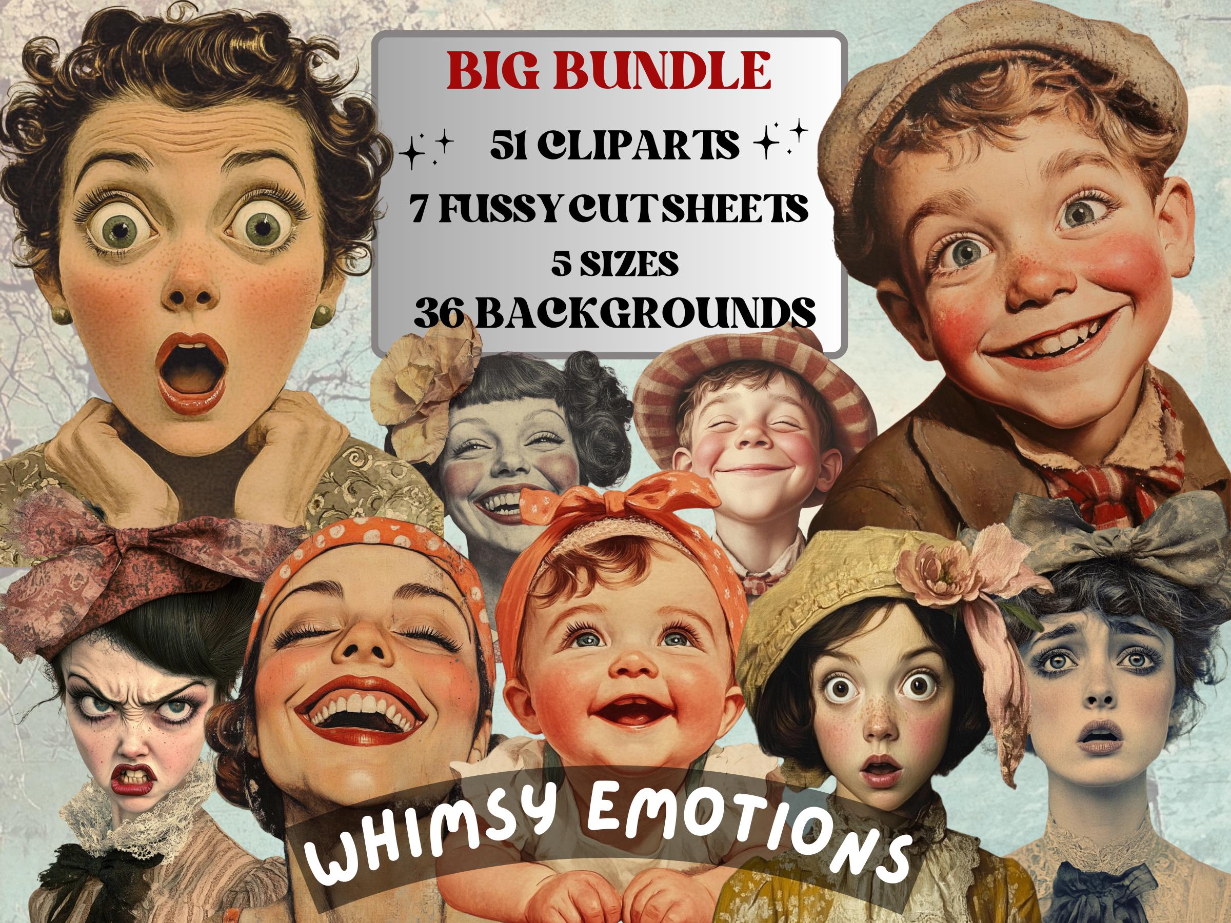 Whimsy Emotions Collage Elements, Surreal People Feelings Fussy Cut, Woman Emotions Clipart, Whimsical Junk Journal, Mixed Media Art Sheet
