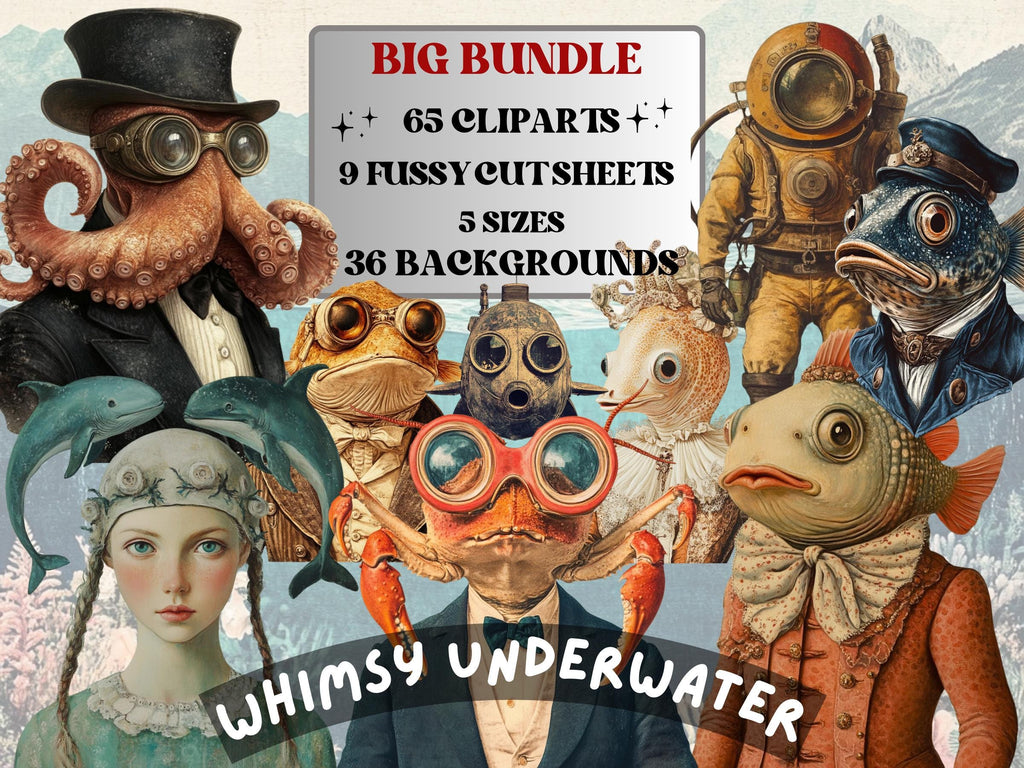Whimsy Underwater Collage Elements, Surreal Under the Sea Fussy Cut, Quirky Underwater Clipart, Whimsical Junk Journal, Mixed Media Sheet