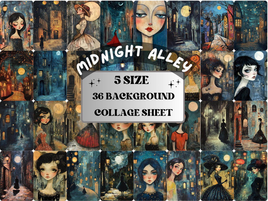 Midnight Alley Collage Paper Kit, Surreal Alleyway Mixed Media Sheet, Whimsical Midnight Ephemera Images, Quirky Journal, Scrapbook Paper