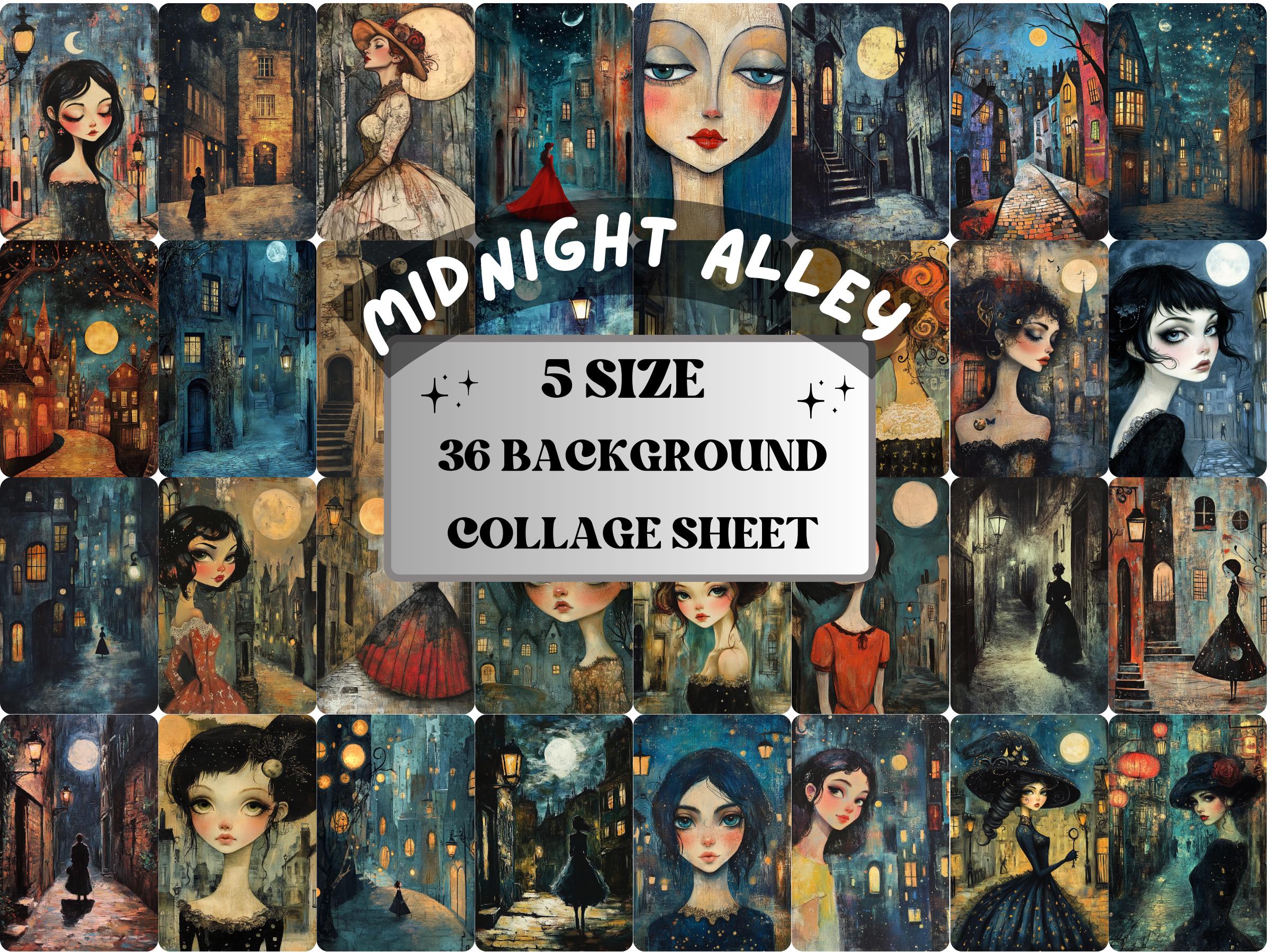 Midnight Alley Collage Paper Kit, Surreal Alleyway Mixed Media Sheet, Whimsical Midnight Ephemera Images, Quirky Journal, Scrapbook Paper