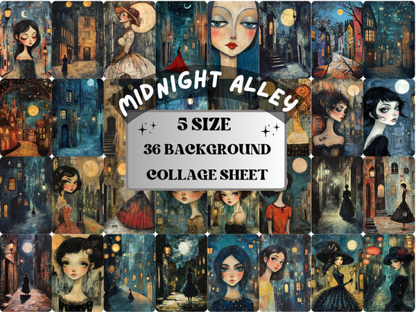 Midnight Alley Collage Paper Kit, Surreal Alleyway Mixed Media Sheet, Whimsical Midnight Ephemera Images, Quirky Journal, Scrapbook Paper