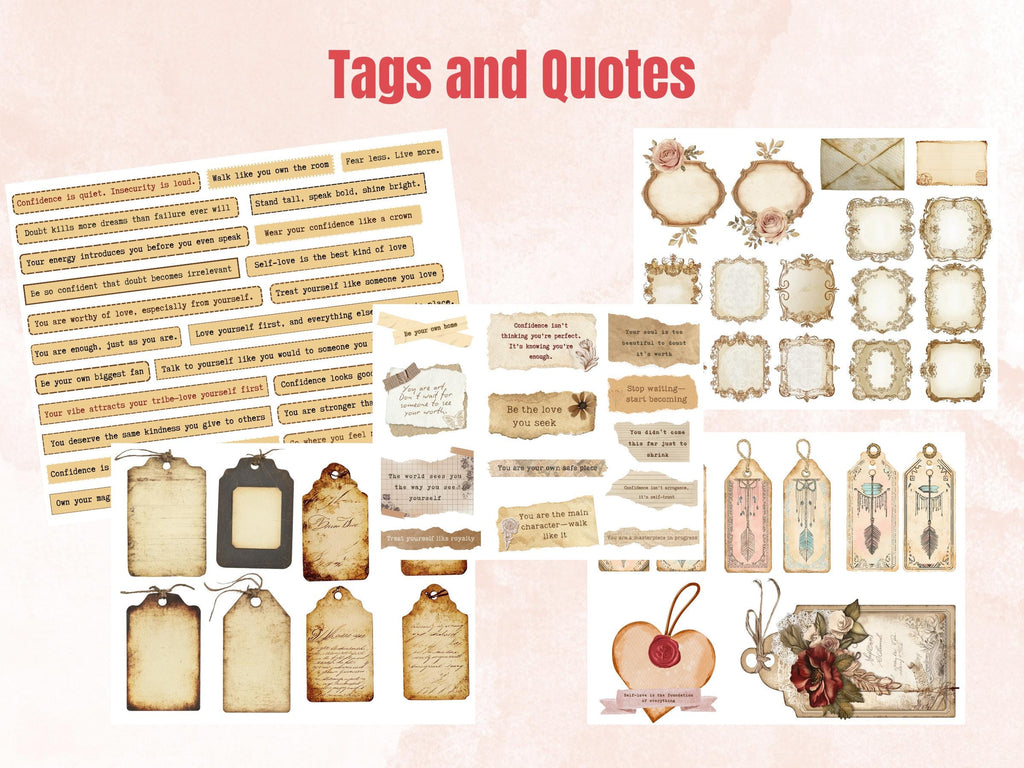 Confidence & Self-Love Collage Elements, Whimsical Ephemera Fussy Cut, Inspirational Tags and Quotes, Feelings Scrapbook, Surreal Background